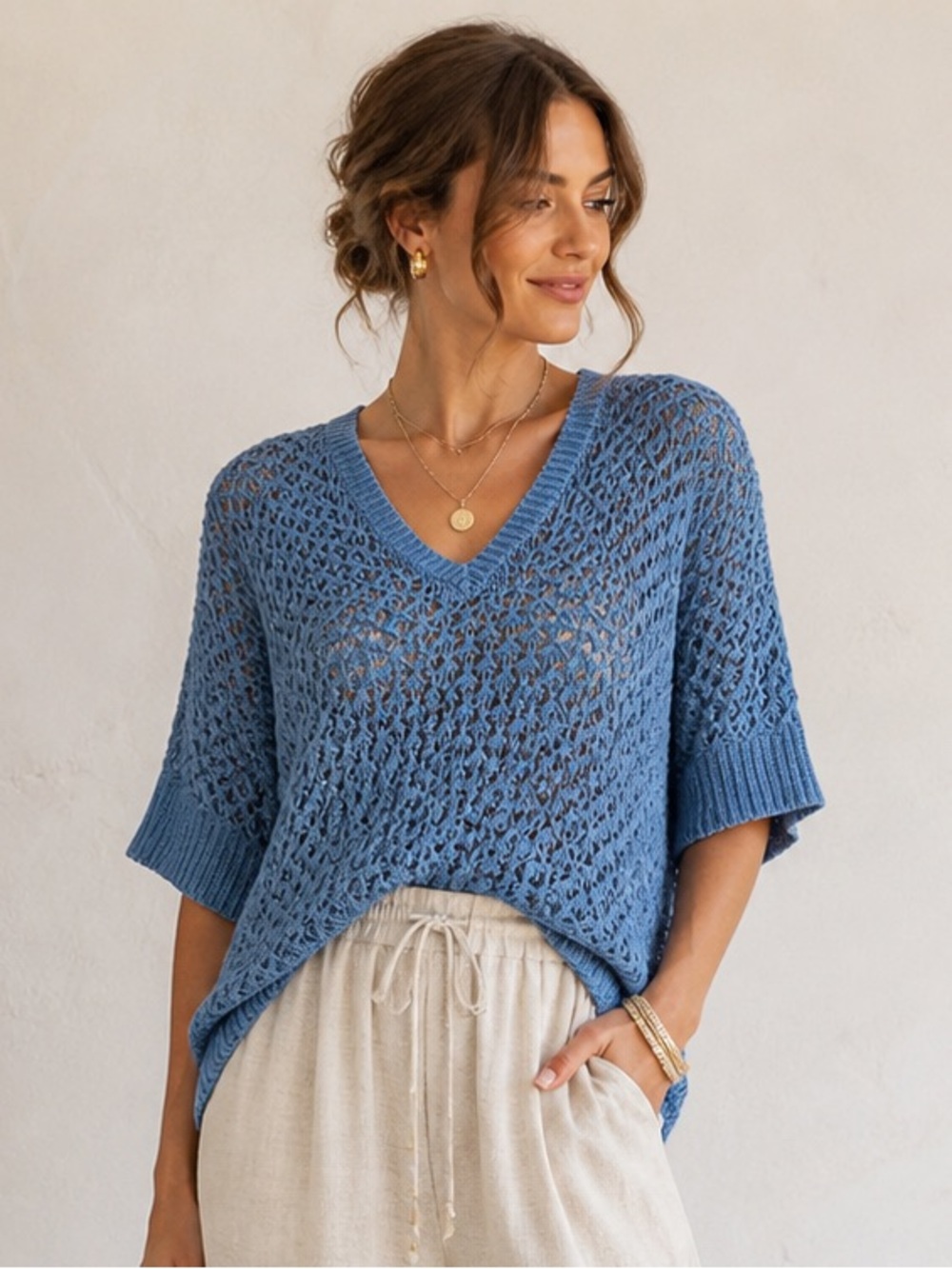 Caslon Blue Open Knit Sweater Short Sleeve Size M Lightweight Crochet Summer Top